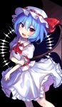  :d absurdres bat_wings black_background blue_hair bow dress fang feet_out_of_frame frills hat highres medium_dress mob_cap offbeat orange_eyes red_bow red_neckwear remilia_scarlet short_hair smile touhou white_dress wings 