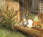  animal architecture autumn berry_jou east_asian_architecture no_humans original painting_(medium) plant rabbit traditional_media watercolor_(medium) 