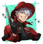  1boy black_gloves blue_eyes bullet_hole cross gloves grey_hair gun handgun hat holding holding_gun holding_weapon kyuuketsuki_sugu_shinu looking_at_viewer one_eye_closed red_headwear ronaldo_(kyuttetsuki_sugu_shinu) smile solo weapon yasuo_(chisyu0204) 