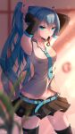 1girl armpits arms_up bangs belt black_legwear black_skirt black_sleeves blue_belt blue_eyes blue_hair blue_neckwear blurry blurry_foreground breasts collared_shirt cowboy_shot detached_sleeves dress_shirt eyebrows_visible_through_hair grey_shirt groin hair_between_eyes hatsune_miku highres lens_flare long_hair long_sleeves miniskirt mouth_hold navel necktie pin_(pixiv45167590) pleated_skirt ribbon ribbon_in_mouth shiny shiny_hair shiny_skin shirt skirt sleeveless sleeveless_shirt small_breasts solo standing thigh-highs tying_hair very_long_hair vocaloid wing_collar zettai_ryouiki 