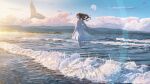 1girl absurdres bangs banishment beach brown_hair clouds dress highres long_hair moon original sand scenery sky solo standing water waves whale 