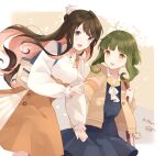  2girls alternate_costume bag black_dress black_hair bob_cut braid brown_eyes brown_jacket commentary_request dress fang green_hair half_updo highres holding_hands index_finger_raised jacket jewelry kantai_collection long_hair multicolored_hair multiple_girls naganami_(kancolle) necklace orange_skirt pink_hair second-party_source shakemi_(sake_mgmgmg) short_hair short_hair_with_long_locks sidelocks skin_fang skirt smile sweater takanami_(kancolle) violet_eyes white_sweater 