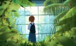  1girl absurdres backpack bag blurry blurry_foreground brown_hair commission foliage frxe3828 grass highres leaf long_skirt looking_afar original plant shirt short_hair sidelocks skeb_commission skirt solo standing white_shirt window 