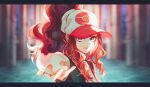  1girl backlighting bangs black_jacket blue_eyes closed_mouth hat hilda_(pokemon) holding jacket long_hair looking_at_viewer open_clothes open_jacket poke_sanho35 pokemon pokemon_(game) pokemon_bw shirt solo solo_focus white_shirt 