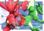  black_eyes closed_mouth commentary_request fang fang_out highres looking_down no_humans pokemon pokemon_(creature) scizor scyther shiny signature tanpakuroom yellow_eyes 