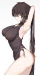  1girl arm_up armpits ass black_dress black_hair blonde_hair breasts china_dress chinese_clothes cleavage_cutout clothing_cutout cowboy_shot dress gem genderswap genderswap_(mtf) genshin_impact gradient_hair hair_between_eyes highres impossible_clothes impossible_dress large_breasts looking_at_viewer looking_to_the_side multicolored_hair no_panties otsumami_(02mami) ponytail side_slit simple_background skin_tight sleeveless sleeveless_dress solo thighs white_background yellow_eyes zhongli_(genshin_impact) 