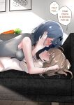 2girls bare_shoulders blue_eyes blue_hair blush brown_eyes brown_hair carrot commentary couch english_commentary english_text eye_contact face-to-face from_side hololive hololive_english long_hair looking_at_another lying multiple_girls nanashi_mumei on_back on_couch ouro_kronii shadow short_hair sweat syntier13 upper_body yuri 