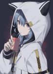  1girl animal_hood apple_juice black_background black_shirt blue_eyes blue_hair closed_mouth commentary drink drinking_straw expressionless hair_between_eyes highres holding holding_drink hololive hood hood_up hooded_jacket hoshimachi_suisei jacket juice_box long_hair long_sleeves looking_at_viewer neck_ribbon official_alternate_costume open_clothes open_jacket ribbon shirt solo star_(symbol) star_in_eye syhan symbol-only_commentary symbol_in_eye upper_body virtual_youtuber white_jacket yellow_neckwear 