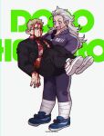  1boy 1girl :d annoyed black_gloves blonde_hair blood blood_on_face blush_stickers carrying copyright_name dorohedoro glasses gloves grey_hair highres ka_ji long_hair long_sleeves noi_(dorohedoro) princess_carry shin_(dorohedoro) shoes smile 