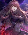  1girl armor bangs bodysuit breasts closed_mouth commentary covered_navel covered_nipples dual_wielding eyebrows_visible_through_hair fate/grand_order fate_(series) gae_bolg_(fate) hisahisahisahisa holding light_particles lips long_hair looking_at_viewer medium_breasts pauldrons polearm purple_bodysuit purple_hair red_eyes redhead revision scathach_(fate) shoulder_armor skin_tight solo spear standing static weapon 