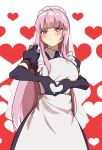  1girl absurdres alternate_costume annoyed apron bangs black_dress black_gloves blush breasts dress elbow_gloves enmaided eyebrows_behind_hair gloves heart heart_hands highres hololive hololive_english longlong_(drasdr7513) maid maid_apron maid_headdress medium_breasts mori_calliope pink_hair solo sweat virtual_youtuber 