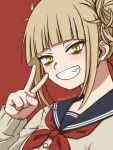  1girl bags_under_eyes bangs blonde_hair blue_sailor_collar blunt_bangs blush boku_no_hero_academia cardigan commentary_request double_bun grin hand_up happy long_sleeves looking_at_viewer messy_hair morte_ai neckerchief red_background red_neckwear sailor_collar sanpaku school_uniform serafuku short_hair sidelocks simple_background slit_pupils smile solo toga_himiko twitter_username upper_body v yellow_cardigan yellow_eyes 