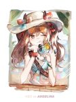  1girl angelina_(arknights) animal_ears arknights beach bikini blue_bikini bow brown_eyes brown_hair closed_mouth commentary_request day doctor_(arknights) drink drinking_straw drinking_straw_in_mouth ears_through_headwear elbow_rest elbows_on_table eyewear_on_head food fox_ears fruit hat hat_bow holding holding_drink kkkovo lemon lemon_slice long_hair looking_at_viewer one_eye_closed orange-tinted_eyewear orange_bow oripathy_lesion_(arknights) outdoors red_scrunchie scrunchie shoulder_belt solo sun_hat sunglasses swimsuit tinted_eyewear twintails upper_body white_headwear wrist_scrunchie 