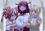  3girls absurdres animal animal_ear_fluff animal_ears blonde_hair blue_eyes brown_jacket dice_hair_ornament fox fox_ears fox_girl green_skirt hair_ornament hakos_baelz heterochromia highres holding holding_animal hololive hololive_english horns imori_(imori7) irys_(hololive) jacket looking_down mouse_ears mouse_girl multiple_girls multiple_horns off-shoulder_shirt off_shoulder omaru_polka pointy_ears purple_hair redhead shirt skirt smile snowing twintails violet_eyes virtual_youtuber white_shirt 