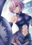  1girl armor armored_leotard artist_name ass_visible_through_thighs backlighting bangs bare_shoulders black_armor black_leotard breasts clothing_cutout commentary_request cowboy_shot elbow_gloves eyebrows_visible_through_hair fate/grand_order fate_(series) faulds gloves glowing groin_tendon hagino_kouta hair_over_one_eye halterneck highres impossible_clothes impossible_leotard legs_apart leotard light_purple_hair looking_at_viewer mash_kyrielight medium_breasts navel navel_cutout parted_lips photoshop_(medium) revision shield short_hair skin_tight solo standing straight_hair thigh_strap thighs turtleneck violet_eyes 