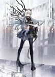  1girl armor bangs bird black_legwear black_skirt building chain closed_mouth commentary_request expressionless fantasy from_behind full_body grey_eyes high_heels highres long_hair looking_at_viewer looking_back nanaponi original outdoors pauldrons shadow shoulder_armor skirt solo standing thigh-highs tiara vambraces white_hair 