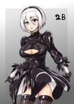  1girl absurdres back_cutout black_dress black_hairband blue_eyes cleavage_cutout clothing_cutout cowboy_shot dress eyebrows_visible_through_hair feather-trimmed_sleeves feather_trim hairband highres juliet_sleeves long_sleeves looking_at_viewer nier_(series) nier_automata no_blindfold puffy_sleeves sangyou_haikibutsu_a short_hair silver_hair smile solo thigh-highs yorha_no._2_type_b 
