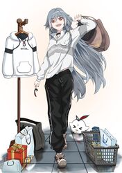  &gt;_&lt; 1girl :d absurdres bag bangs bird black_hair black_nails black_pants brown_footwear chick choker earrings fu_hua fu_hua_(herrscher_of_sentience) full_body gift hair_between_eyes hair_ornament highres holding holding_bag honkai_(series) honkai_impact_3rd hood hoodie huahong2333 jewelry long_hair long_sleeves looking_at_viewer nail_polish pants red_eyes shirt shoes shopping shopping_bag shopping_basket single_earring smile sneakers standing sweatpants teeth walking white_hoodie white_shirt 