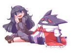  1girl @_@ aoihitsuji bangs black_footwear black_hair blush clothed_pokemon commentary_request dress full_body gengar hair_between_eyes hairband hex_maniac_(pokemon) long_dress long_hair long_sleeves mary_janes open_mouth own_hands_together pokemon purple_dress purple_hairband red_bowtie shoes simple_background sitting smile violet_eyes white_background white_dress 