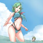  2girls :d ahoge antenna_hair bangs bikini blue_bikini blue_sky blunt_bangs blush breasts clouds cowboy_shot floating_hair green_eyes green_hair hair_intakes kantai_collection lastmiller long_hair looking_at_viewer matsu_(kancolle) medium_breasts multiple_girls navel ocean ponytail shiny shiny_hair short_hair sky smile solo_focus swimsuit take_(kancolle) wading 