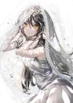  1girl bare_arms bridal_veil brown_hair crying crying_with_eyes_open dress highres long_hair looking_at_viewer nanaponi original parted_lips simple_background sleeveless sleeveless_dress solo symbol-only_commentary tears upper_body veil water_drop white_background white_dress yellow_eyes 