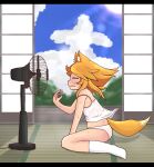 1girl absurdres animal_ears bangs blonde_hair blue_sky camisole closed_eyes clouds commentary_request cookie_(touhou) electric_fan fox_ears fox_girl fox_tail full_body gariballon highres hot letterboxed long_hair miramikaru_riran open_mouth panties profile shouji sitting sky sliding_doors socks solo sun sweat tail tan tanlines tatami underwear white_camisole white_legwear white_panties 