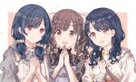  3girls bag bangs blue_hair border brown_eyes brown_hair closed_mouth dress egg_hair_ornament eyebrows_visible_through_hair fangs food-themed_hair_ornament fukumaru_koito gocoli grey_shirt hair_behind_ear hair_ornament hair_scrunchie hairclip highres idolmaster idolmaster_shiny_colors jewelry long_hair long_sleeves looking_at_viewer low_twintails morino_rinze multiple_girls necklace open_mouth outside_border own_hands_clasped own_hands_together pinafore_dress red_eyes scrunchie shirt short_twintails shoulder_bag sidelocks skin_fangs smile sonoda_chiyoko sweater twintails upper_body white_border 