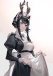  1girl absurdres animal_ears antlers apron arknights bangs black_dress black_eyes black_hair black_headwear blush bonnet breasts commentary_request deer_antlers deer_ears deer_girl dress eyebrows_visible_through_hair gui_mi highres juliet_sleeves large_breasts long_hair long_sleeves looking_at_viewer maid maid_apron official_alternate_costume parted_lips puffy_sleeves sidelocks simple_background solo tsukinogi_(arknights) tsukinogi_(londinium_style_miko)_(arknights) white_apron 