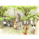  backpack bag berry_jou building city highres no_humans original outdoors painting_(medium) park rabbit statue tokyo_(city) traditional_media tree watercolor_(medium) 