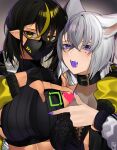  2girls absurdres animal_ears bangs black_hair breasts colored_tongue dark-skinned_female dark_skin fangs grey_hair highres jacket large_breasts like_and_retweet lilith_(lilycious) lilycious looking_at_viewer mask medium_breasts mole mole_under_eye mouth_mask multicolored_hair multiple_girls open_mouth original pointy_ears purple_tongue ribbed_tank_top streaked_hair twitter violet_eyes yellow_eyes yellow_jacket 