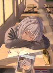  1girl 6mint absurdres alternate_costume cellphone chair classroom closed_eyes commentary_request crossed_arms desk eraser grey_hair highres hololive indoors light_blush long_sleeves mechanical_pencil notebook parted_lips pencil pencil_case phone pov pov_hands school_desk school_uniform shirogane_noel short_hair sleeping virtual_youtuber 