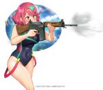  1girl absurdres aiming bangs battle_rifle black_swimsuit blush breasts competition_swimsuit covered_navel cowboy_shot earrings firing fn_fal gun highres holding holding_gun holding_weapon jewelry large_breasts mathias_leth nintendo one-piece_swimsuit pyra_(pro_swimmer)_(xenoblade) pyra_(xenoblade) red_eyes red_swimsuit redhead rifle shell_casing short_hair smoke smoking_gun solo swept_bangs swimsuit tiara two-tone_swimsuit weapon xenoblade_chronicles_(series) xenoblade_chronicles_2 