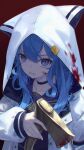 1girl animal_ears animal_hood axe bangs blood blood_on_clothes blue_eyes blue_hair blue_sailor_collar blue_shirt collarbone commentary_request eyebrows_behind_hair fake_animal_ears hair_between_eyes highres holding holding_axe hololive hood hood_up hooded_jacket hoshimachi_suisei jacket long_hair long_sleeves looking_at_viewer parted_lips puffy_long_sleeves puffy_sleeves red_background sailor_collar shirt simple_background sleeves_past_wrists solo star_(symbol) star_in_eye symbol_in_eye upper_body virtual_youtuber white_jacket whitem_(whiteemperor2020) 