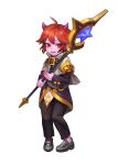  1boy absurdres ahoge brown_pants coat colored_skin demon_boy full_body game_cg guardian_tales highres holding holding_stick holding_weapon horns official_art open_mouth orange_hair pants purple_skin red_eyes shoes short_hair standing stick transparent_background twin_healer_favi weapon 