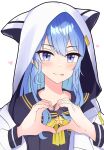  1girl absurdres animal_hood bangs black_sailor_collar black_shirt blue_eyes blue_hair cat_hood commentary_request eyebrows_visible_through_hair heart heart_hands highres hololive hood hood_up hooded_jacket hoshimachi_suisei jacket long_hair looking_at_viewer neckerchief o_chamori open_clothes open_jacket sailor_collar shirt solo star_(symbol) star_in_eye symbol_in_eye tongue tongue_out virtual_youtuber white_jacket yellow_neckwear 