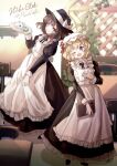  2girls :d absurdres apron black_footwear blonde_hair book bow brown_eyes brown_hair cafe chair closed_mouth cup dress fedora frills hand_on_own_chest hat hat_bow highres holding holding_book holding_clothes holding_skirt leaf long_skirt long_sleeves maid maid_apron maribel_hearn minus_(sr_mineka) mob_cap multiple_girls one_eye_closed open_mouth skirt smile table teacup teapot touhou tray usami_renko violet_eyes white_bow 