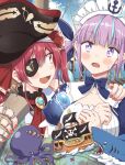 +_+ 2girls animalization any_(lucky_denver_mint) black_eyepatch blush commentary english_commentary eyepatch fingernails highres hololive houshou_marine looking_at_another maid minato_aqua multiple_girls nail_polish octopus pirate purple_hair red_nails redhead shark umisea wavy_mouth 