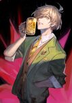  1boy beer_mug brown_hair brown_vest collared_shirt cup green_eyes green_jacket hair_behind_ear hair_over_one_eye hand_in_pocket highres holding holding_cup jacket lack looking_at_viewer male_focus mole mole_under_eye mug necktie nijisanji oliver_evans one_eye_covered parted_lips shirt smile solo vest virtual_youtuber white_shirt yellow_neckwear 