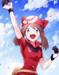  1girl :d arm_up bangs black_gloves blue_eyes brown_hair gloves hair_between_eyes haisato_(ddclown14) jacket long_hair looking_at_viewer may_(pokemon) pokemon pokemon_(game) pokemon_rse red_headwear red_jacket shiny shiny_hair short_sleeves smile solo twintails two-tone_gloves upper_body white_gloves 