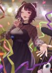 1girl :d ;d absurdres animal_ears bangs black_dress blurry blurry_foreground blush breasts commentary confetti cowboy_shot diffraction_spikes dog_ears dog_hair_ornament dress earpiece eyebrows_visible_through_hair eyelashes fangs guitar hair_ornament highres instrument inui_toko jewelry looking_at_viewer medium_breasts microphone microphone_stand music necklace nijisanji official_alternate_costume one_eye_closed open_mouth outstretched_hand purple_hair saba-kann_(kannsaba) see-through short_hair singing smile solo speaker stage_lights swept_bangs teeth upper_teeth violet_eyes virtual_youtuber wooden_wall 