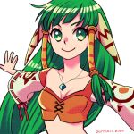 1girl ariazi breasts closed_mouth dated feena_(grandia) grandia grandia_i green_eyes green_hair hair_tubes jewelry long_hair looking_at_viewer midriff necklace simple_background smile solo white_background 