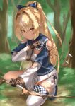  1girl 6mint absurdres arrow_(projectile) blonde_hair blurry blurry_background bow_(weapon) brown_gloves clothing_cutout commentary dark-skinned_female dark_skin elf forest gloves highres holding holding_arrow holding_bow_(weapon) holding_weapon hololive long_hair long_sleeves looking_at_viewer multicolored_hair nature outdoors partially_fingerless_gloves pointy_ears ponytail shiranui_flare shoulder_cutout single_thighhigh solo squatting streaked_hair thigh-highs tree virtual_youtuber weapon white_hair white_legwear 