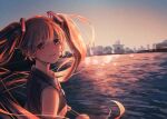  1girl bangs blurry blurry_background brown_eyes brown_hair closed_mouth collared_shirt evening floating_hair grey_shirt hair_between_eyes hatsune_miku highres kumano_yume lens_flare long_hair looking_at_viewer outdoors shiny shiny_hair shirt sleeveless sleeveless_shirt smile solo twintails upper_body very_long_hair vocaloid wing_collar 