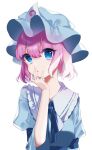  1girl absurdres alternate_eye_color bangs blue_eyes epiki_(nenekoneko0715) eyebrows_visible_through_hair hair_between_eyes hand_up highres looking_at_viewer open_mouth pink_hair saigyouji_yuyuko short_hair simple_background solo touhou white_background 