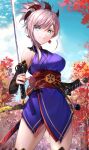  1girl autumn autumn_leaves blue_eyes breasts detached_sleeves earrings fate/grand_order fate_(series) herigaru_(fvgyvr000) highres jewelry katana large_breasts miyamoto_musashi_(fate) pink_hair scabbard sheath smile sword thigh-highs weapon 