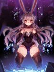  1girl 2others animal_ears bare_shoulders black_gloves black_legwear black_leotard breasts broken broken_chain chain choker clenched_hands cuffs ddg160 elbow_gloves elin gloves glowing glowing_eyes groin hair_intakes highres legs_apart leotard long_hair multiple_others rabbit_ears red_eyes silver_hair skindentation small_breasts strapless strapless_leotard tera_online thick_thighs thigh-highs thighs wading water wet 
