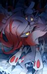  bright_pupils claws closed_mouth commentary_request evolutionary_line frown highres hisuian_zoroark hisuian_zorua looking_at_viewer makoto_ikemu night no_humans outdoors pokemon pokemon_(creature) signature snow standing white_pupils yellow_eyes 