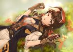  1girl absurdres autumn autumn_leaves black_hair corset digital_media_player dress dutch_angle earphones earphones falcon_(girls&#039;_frontline) girls_frontline gloves highres leaf long_hair lying mixed-language_commentary on_back open_mouth red_eyes shirt solo user_yrxy7444 very_long_hair white_shirt 