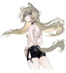  1girl animal_ears bare_arms black_choker black_shorts blonde_hair blue_eyes breasts choker cowboy_shot dog_ears dog_girl dog_tail highres long_hair nanaponi original parted_lips shorts shoulder_blades simple_background small_breasts solo sports_bra tail white_background white_sports_bra 