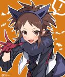  ! 1boy :d animal_ears bangs blush brown_eyes brown_hair buttons commentary_request gloves hairband hand_up male_focus nate_(pokemon) open_clothes open_mouth open_vest orange_background outline pokemon pokemon_(game) pokemon_bw2 red_gloves scarf shirt smile solo spoken_exclamation_mark tail teeth tongue tpi_ri twitter_username vest white_vest 
